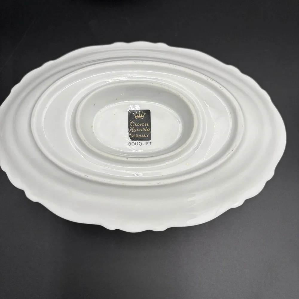 Crown Bavaria Germany Gravy Boat  Bowl Attached Platter Ladle Bouquet Floral Vtg